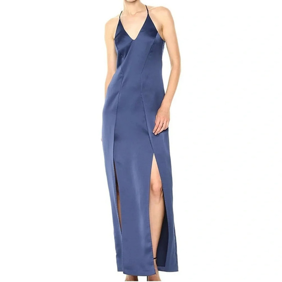 🏷️ NWT Halston Heritage Mesh Back V-Neck Satin Slip Evening Gown - Picture 2 of 13